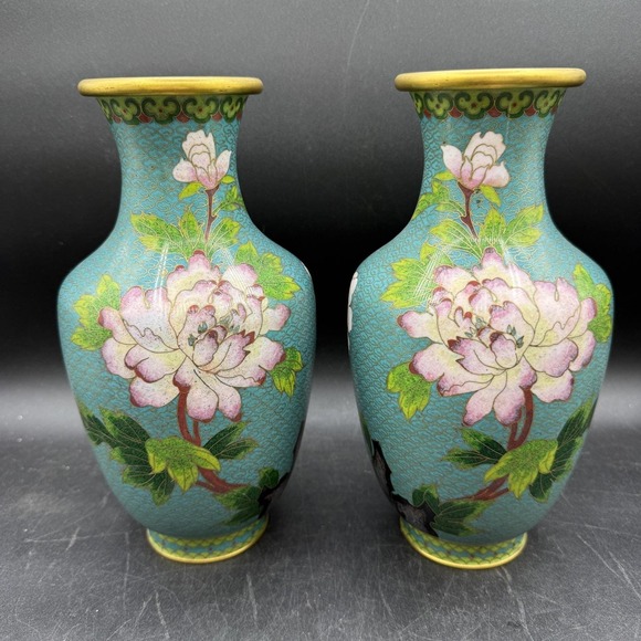 The Unbranded Brand Other - Vintage Chinese Teal Blue Cloisonne Enamel Brass Table Vases Pair Floral Birds